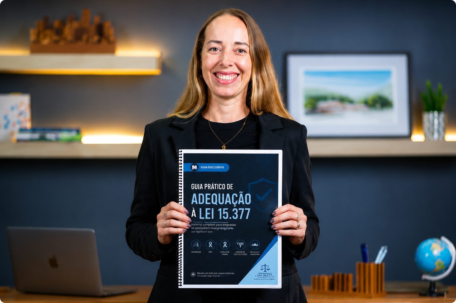 Especialista segurando o Guia Prático de Adequação à Lei 15.377